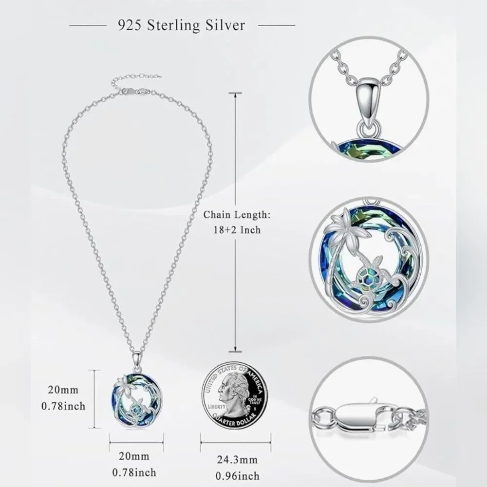 📷💬🩵⏭️NIB Blue Crystal Sterling Silver Sea Turtle Tropical Pendant Necklace